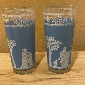 VINTAGE GREEK BLUE JEANNETTE JASPERWARE HELLENIC Blue & White  Glasses Set